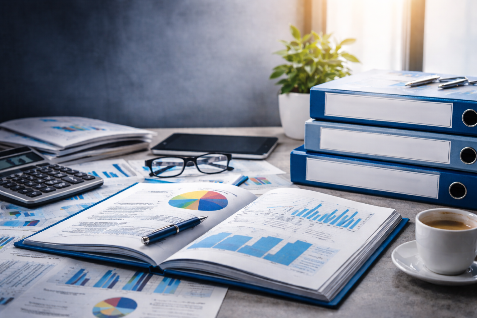 Organized workspace with financial reports